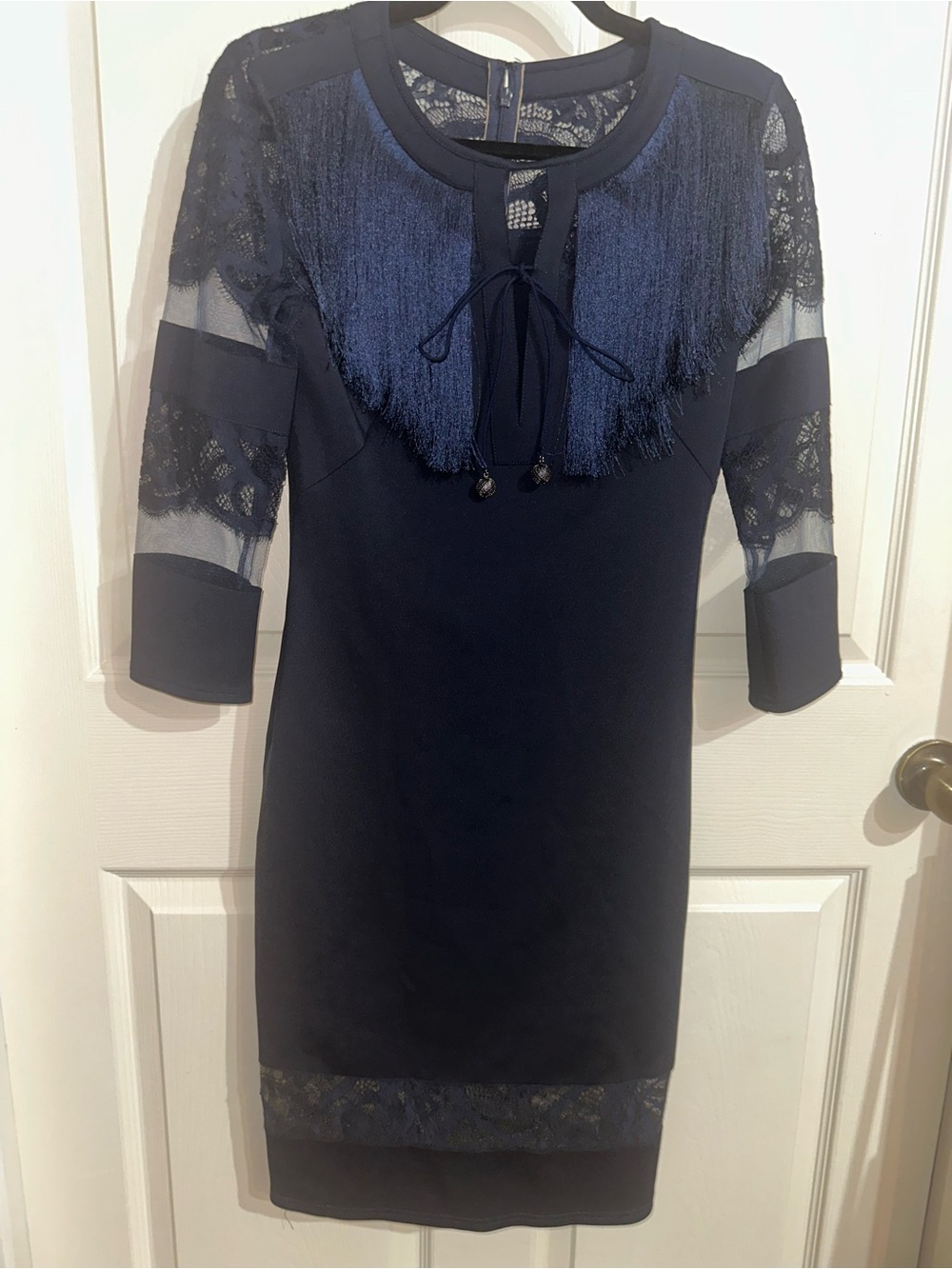 Tadashi Shoji Navy Fringe Lace Midi Dress XS